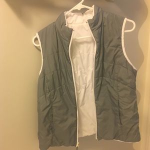 grey and white vest